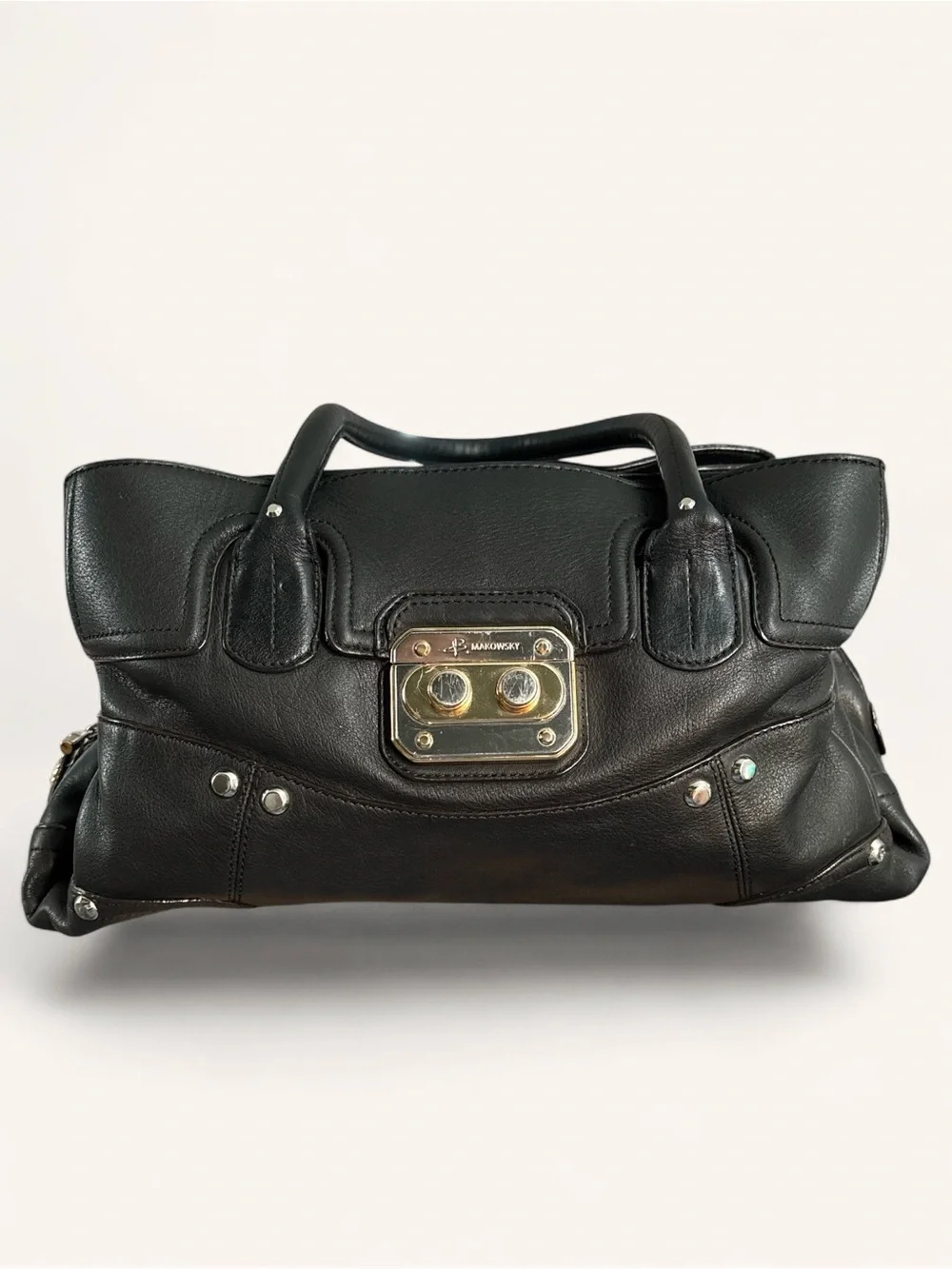 b. makowsky Slouchy Pebbled Leather Satchel Bag w/Burgundy Lining & Gold Details